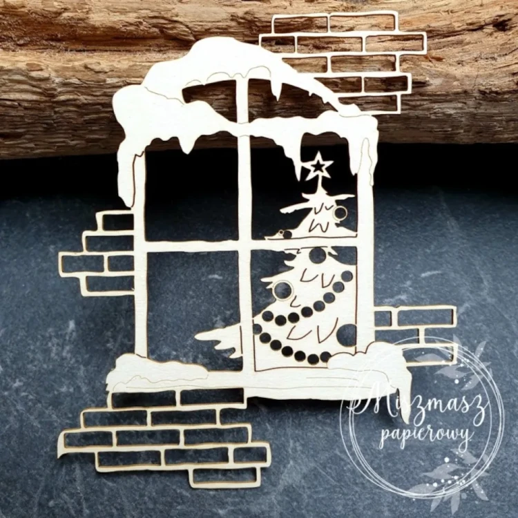 Ośnieżone Okno z Choinką Tekturka Miszmasz Papierowy