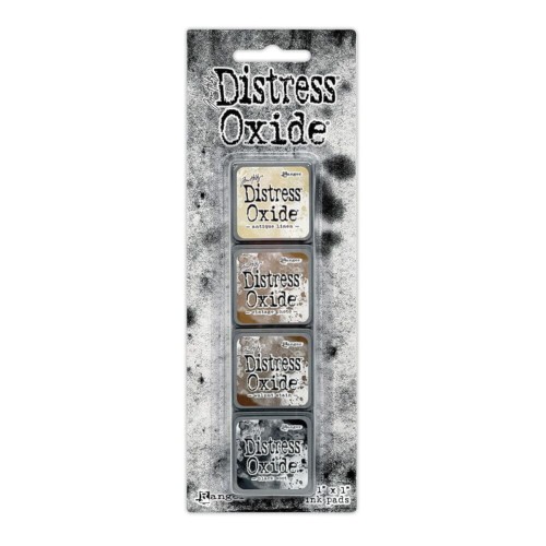 Zestaw tuszów Ranger Distress Mini Oxide Ink Kit 6 Tim Holtz – 4 mini poduszki tuszu w kostkach 2,5x2,5 cm, kompatybilne z puszką Distress Mini Ink Storage Tin