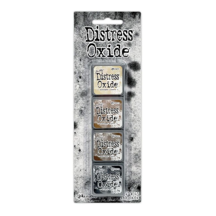 Zestaw tuszów Ranger Distress Mini Oxide Ink Kit 6 Tim Holtz – 4 mini poduszki tuszu w kostkach 2,5x2,5 cm, kompatybilne z puszką Distress Mini Ink Storage Tin