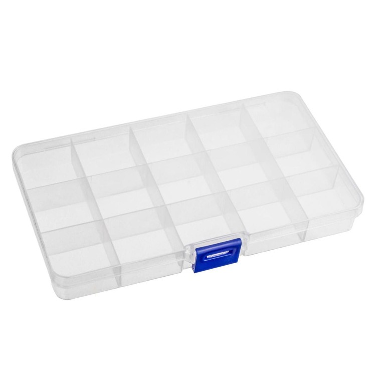 Posiada 15 przegródek na drobne elementy (cekiny, perełki, koraliki)