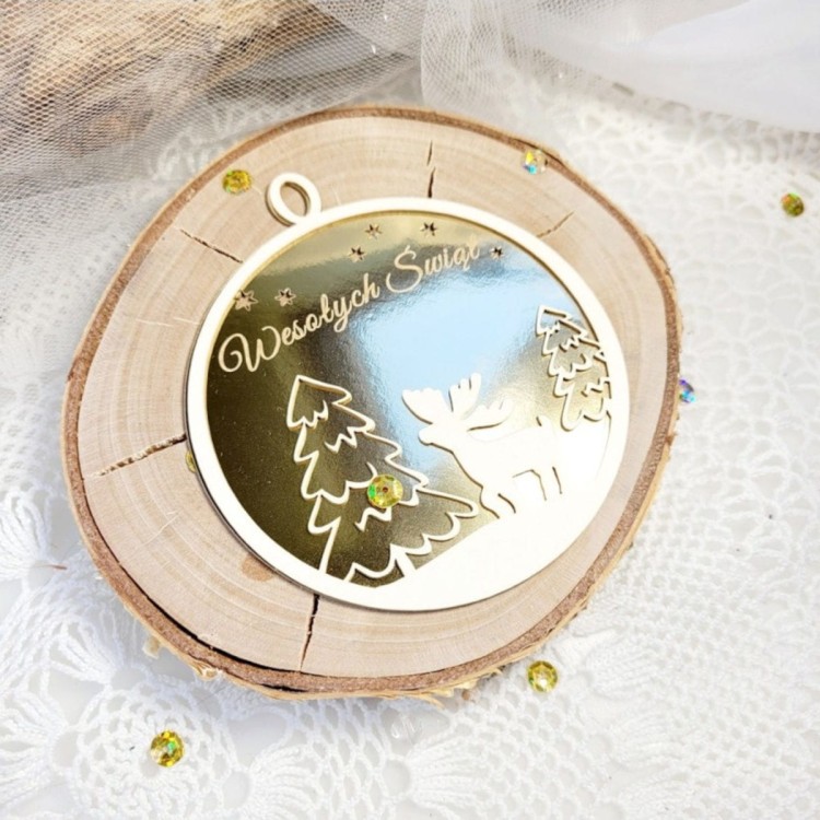 Warstwowa bombka z napisem Wesołych Świąt, choinką i łosiem Miszmasz Papierowy