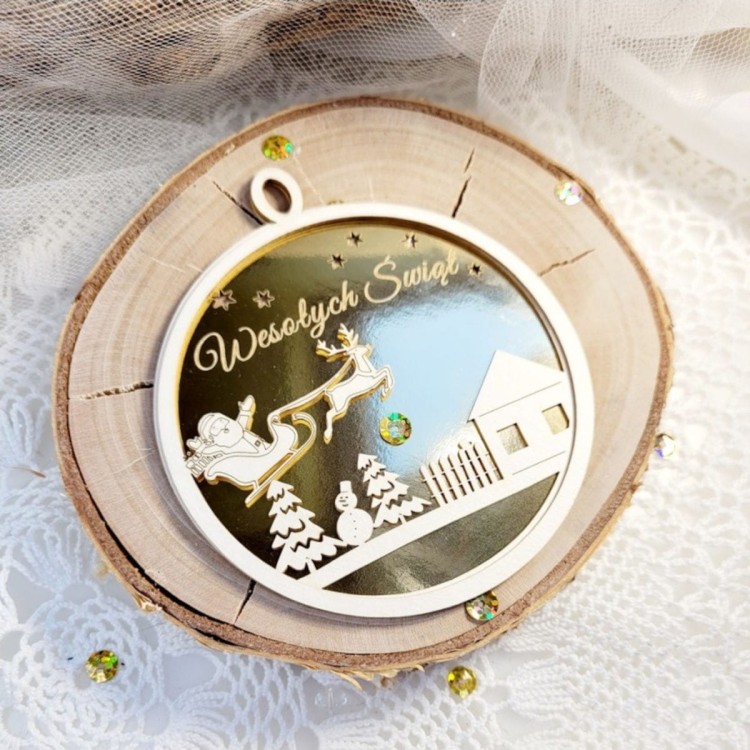 Prosta trójwarstwowa bombka z napisem Wesołych Świąt Miszmasz Papierowy