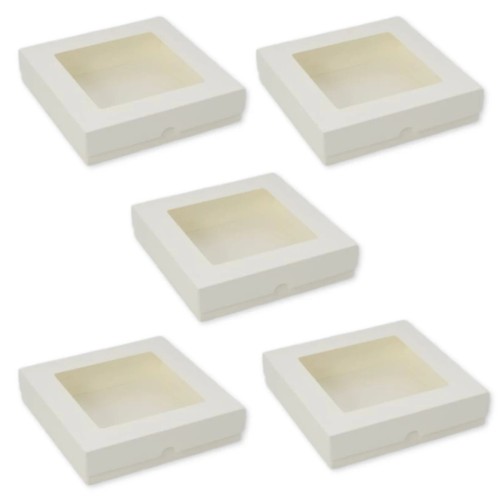 Pudełko kwadratowe Kremowe z okienkiem niskie 15 x 15 cm Rzeczy z Papieru 5 sztuk