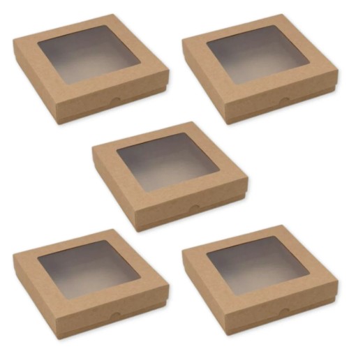 Pudełko kwadratowe Kraft z okienkiem niskie 15 x 15 cm Rzeczy z Papieru 5 sztuk