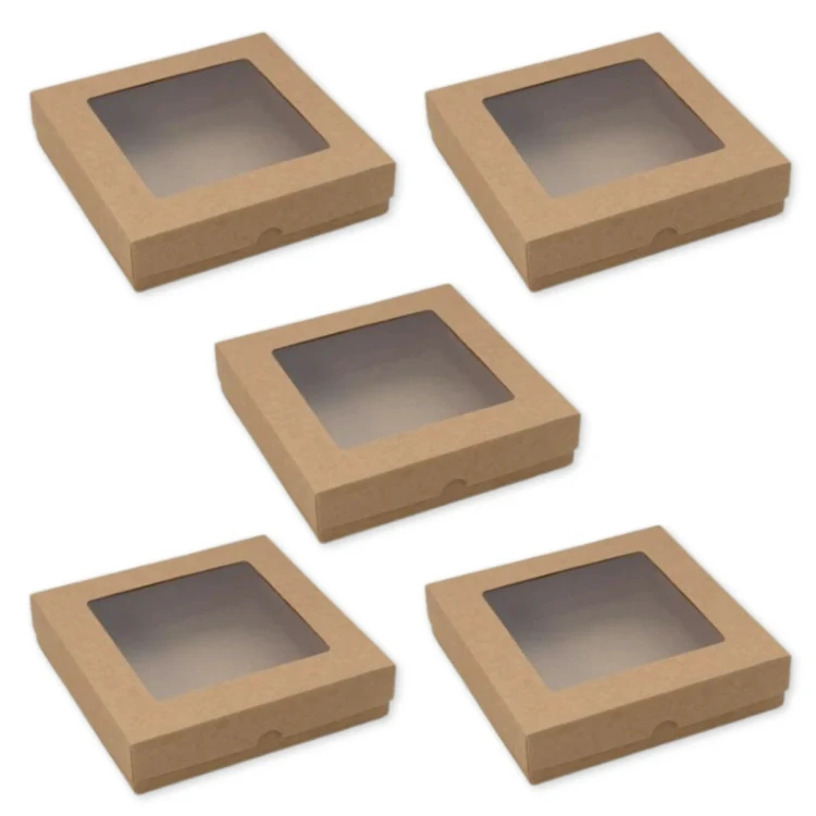 Pudełko kwadratowe Kraft z okienkiem niskie 15 x 15 cm Rzeczy z Papieru 5 sztuk
