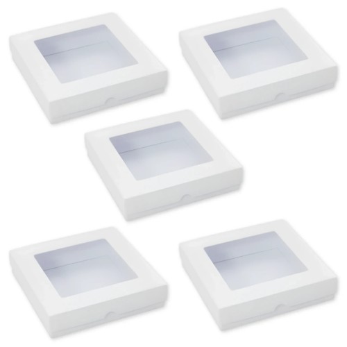 Pudełko kwadratowe Białe z okienkiem niskie 15 x 15 cm Rzeczy z Papieru 5 sztuk