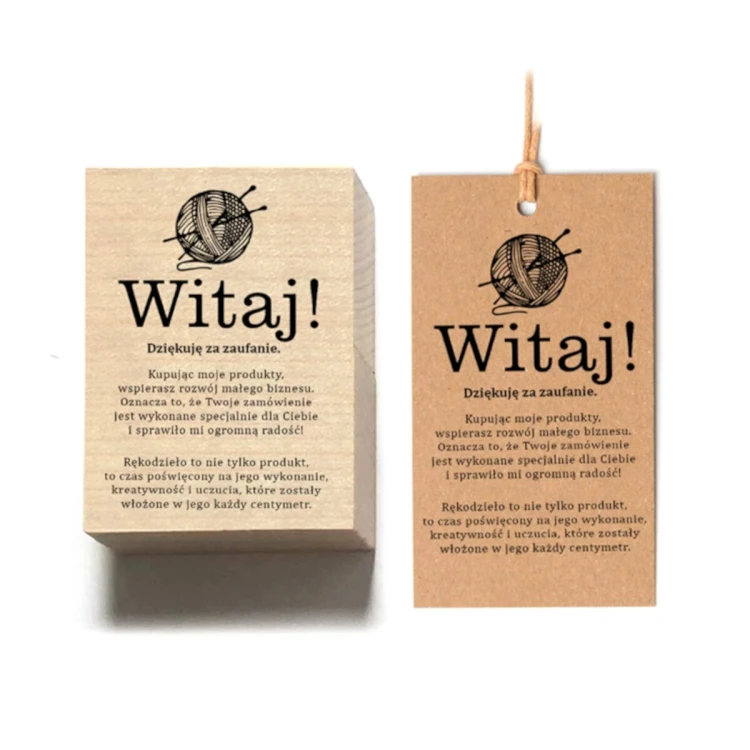 Witaj Dziękuje za zaufanie, napis z włóczką