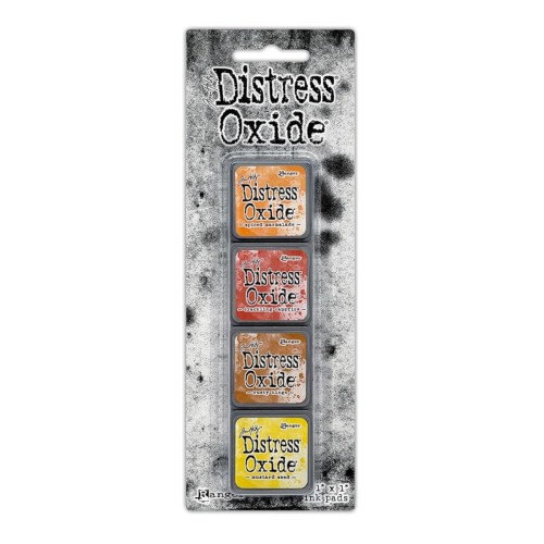Zestaw tuszów Ranger Distress Mini Oxide Ink Kit 2 Tim Holtz – 4 mini poduszki tuszu w kostkach 2,5x2,5 cm, kompatybilne z puszką Distress Mini Ink Storage Tin