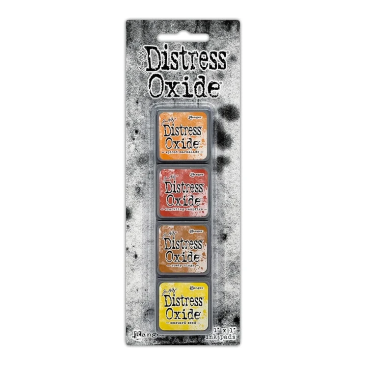 Zestaw tuszów Ranger Distress Mini Oxide Ink Kit 2 Tim Holtz – 4 mini poduszki tuszu w kostkach 2,5x2,5 cm, kompatybilne z puszką Distress Mini Ink Storage Tin
