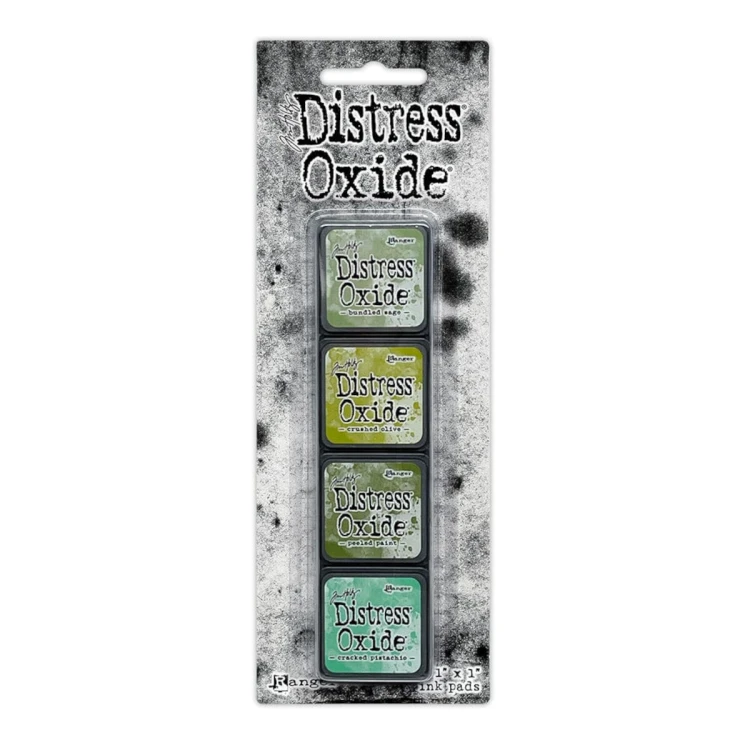 Zestaw tuszów Ranger Distress Mini Oxide Ink Kit 3 Tim Holtz – 4 mini poduszki tuszu w kostkach 2,5x2,5 cm, kompatybilne z puszką Distress Mini Ink Storage Tin
