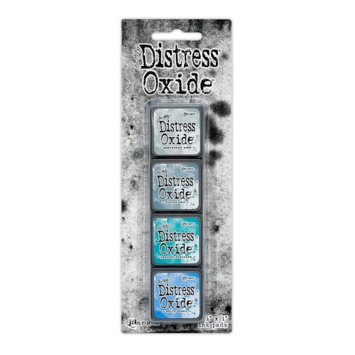 Zestaw tuszów Ranger Distress Mini Oxide Ink Kit 4 Tim Holtz – 4 mini poduszki tuszu w kostkach 2,5x2,5 cm, kompatybilne z puszką Distress Mini Ink Storage Tin