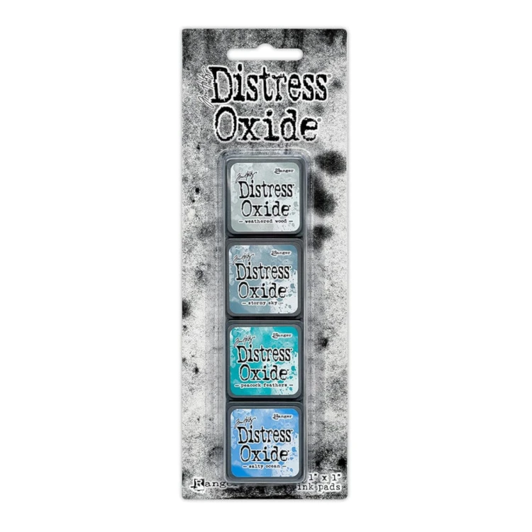 Zestaw tuszów Ranger Distress Mini Oxide Ink Kit 4 Tim Holtz – 4 mini poduszki tuszu w kostkach 2,5x2,5 cm, kompatybilne z puszką Distress Mini Ink Storage Tin