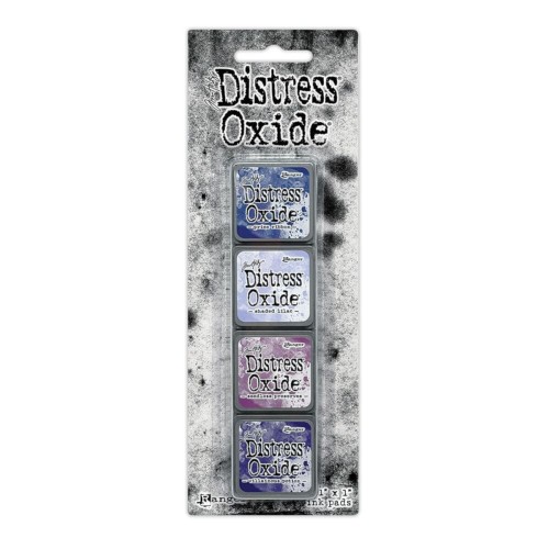 Zestaw tuszów Ranger Distress Mini Oxide Ink Kit 5 Tim Holtz – 4 mini poduszki tuszu w kostkach 2,5x2,5 cm, kompatybilne z puszką Distress Mini Ink Storage Tin