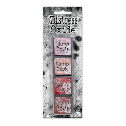 Zestaw tuszów Ranger Distress Mini Oxide Ink Kit 7 Tim Holtz – 4 mini poduszki tuszu w kostkach 2,5x2,5 cm, kompatybilne z puszką Distress Mini Ink Storage Tin