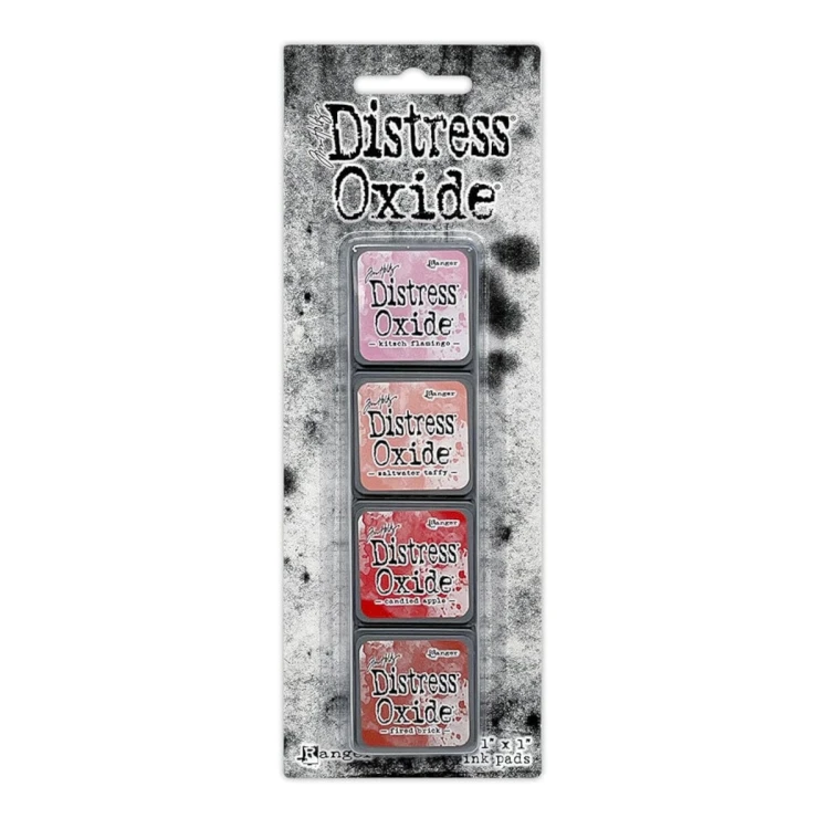 Zestaw tuszów Ranger Distress Mini Oxide Ink Kit 7 Tim Holtz – 4 mini poduszki tuszu w kostkach 2,5x2,5 cm, kompatybilne z puszką Distress Mini Ink Storage Tin