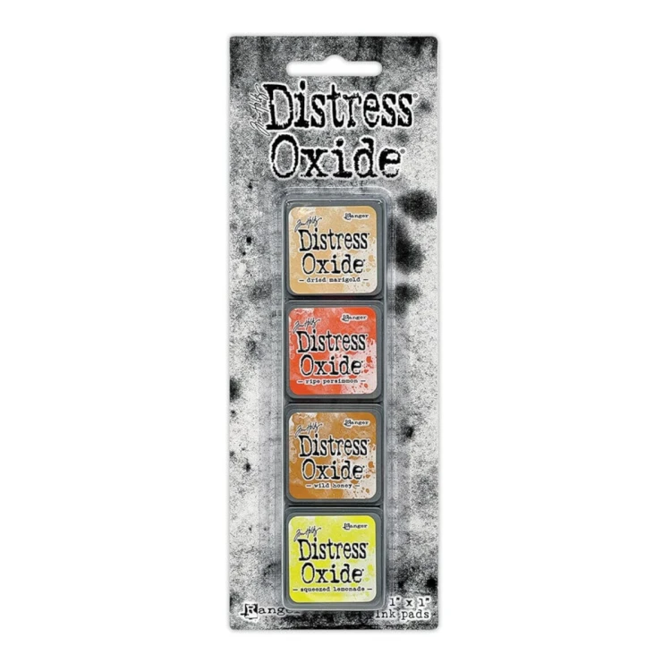 Zestaw tuszów Ranger Distress Mini Oxide Ink Kit 8 Tim Holtz – 4 mini poduszki tuszu w kostkach 2,5x2,5 cm, kompatybilne z puszką Distress Mini Ink Storage Tin