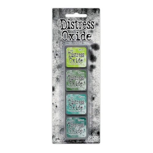 Zestaw tuszów Ranger Distress Mini Oxide Ink Kit 9 Tim Holtz – 4 mini poduszki tuszu w kostkach 2,5x2,5 cm, kompatybilne z puszką Distress Mini Ink Storage Tin