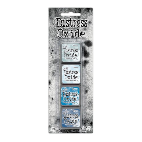 Zestaw tuszów Ranger Distress Mini Oxide Ink Kit 10 Tim Holtz – 4 mini poduszki tuszu w kostkach 2,5x2,5 cm, kompatybilne z puszką Distress Mini Ink Storage Tin