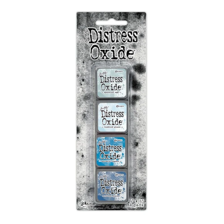 Zestaw tuszów Ranger Distress Mini Oxide Ink Kit 10 Tim Holtz – 4 mini poduszki tuszu w kostkach 2,5x2,5 cm, kompatybilne z puszką Distress Mini Ink Storage Tin