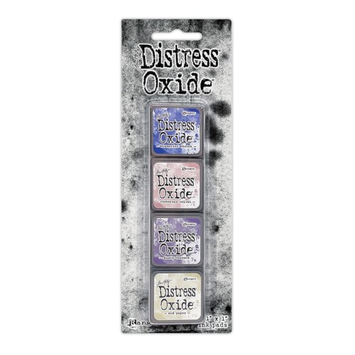 Zestaw tuszów Ranger Distress Mini Oxide Ink Kit 11 Tim Holtz – 4 mini poduszki tuszu w kostkach 2,5x2,5 cm, kompatybilne z puszką Distress Mini Ink Storage Tin