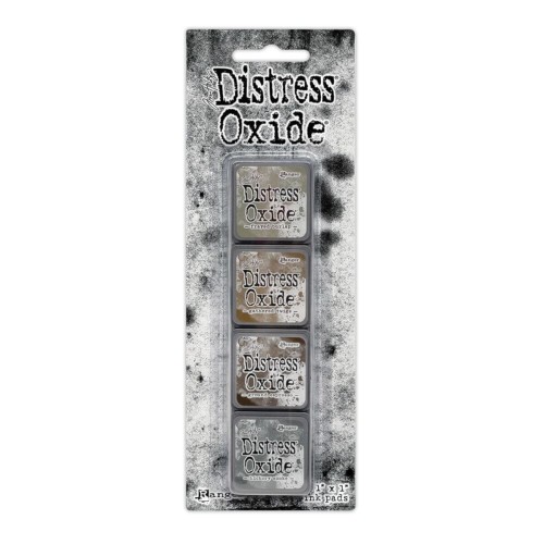 Zestaw tuszów Ranger Distress Mini Oxide Ink Kit 12 Tim Holtz – 4 mini poduszki tuszu w kostkach 2,5x2,5 cm, kompatybilne z puszką Distress Mini Ink Storage Tin