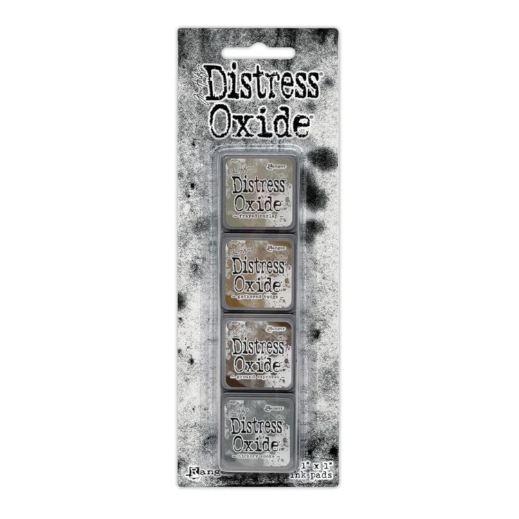 Zestaw tuszów Ranger Distress Mini Oxide Ink Kit 12 Tim Holtz – 4 mini poduszki tuszu w kostkach 2,5x2,5 cm, kompatybilne z puszką Distress Mini Ink Storage Tin