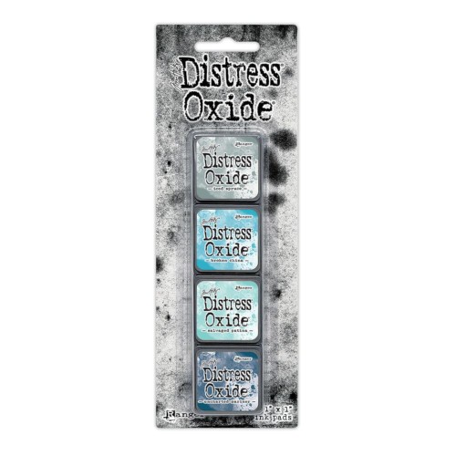 Zestaw tuszów Ranger Distress Mini Oxide Ink Kit 16 Tim Holtz – 4 mini poduszki tuszu w kostkach 2,5x2,5 cm, kompatybilne z puszką Distress Mini Ink Storage Tin