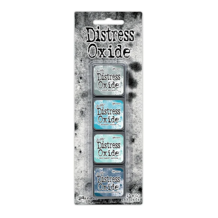 Zestaw tuszów Ranger Distress Mini Oxide Ink Kit 16 Tim Holtz – 4 mini poduszki tuszu w kostkach 2,5x2,5 cm, kompatybilne z puszką Distress Mini Ink Storage Tin