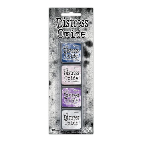 Zestaw tuszów Ranger Distress Mini Oxide Ink Kit 17 Tim Holtz – 4 mini poduszki tuszu w kostkach 2,5x2,5 cm, kompatybilne z puszką Distress Mini Ink Storage Tin