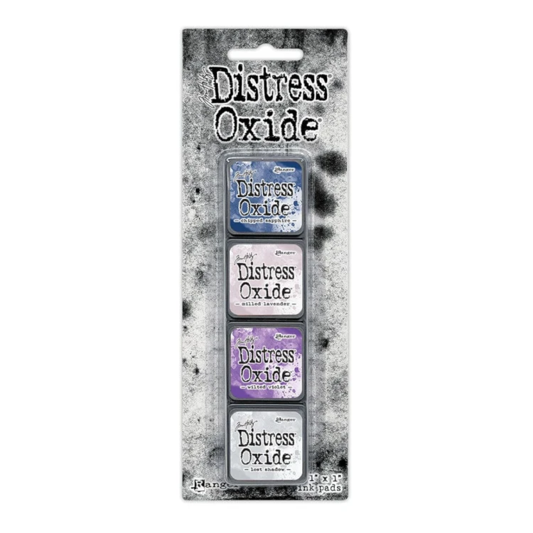 Zestaw tuszów Ranger Distress Mini Oxide Ink Kit 17 Tim Holtz – 4 mini poduszki tuszu w kostkach 2,5x2,5 cm, kompatybilne z puszką Distress Mini Ink Storage Tin
