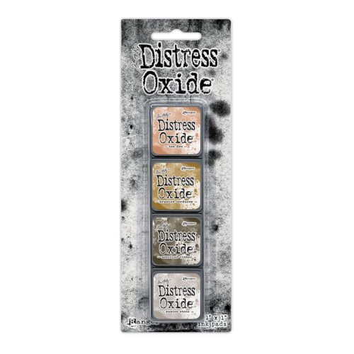 Zestaw tuszów Ranger Distress Mini Oxide Ink Kit 18 Tim Holtz – 4 mini poduszki tuszu w kostkach 2,5x2,5 cm, kompatybilne z puszką Distress Mini Ink Storage Tin