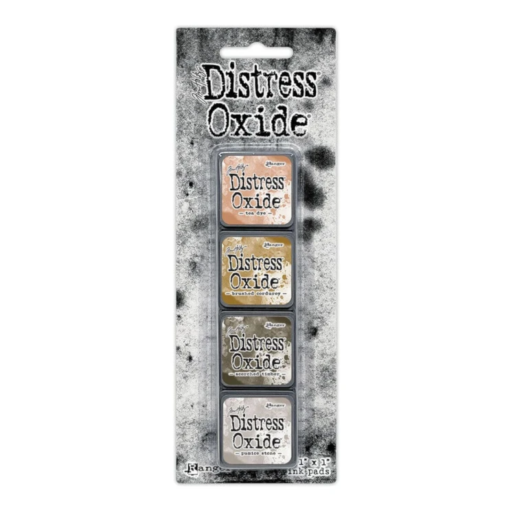 Zestaw tuszów Ranger Distress Mini Oxide Ink Kit 18 Tim Holtz – 4 mini poduszki tuszu w kostkach 2,5x2,5 cm, kompatybilne z puszką Distress Mini Ink Storage Tin